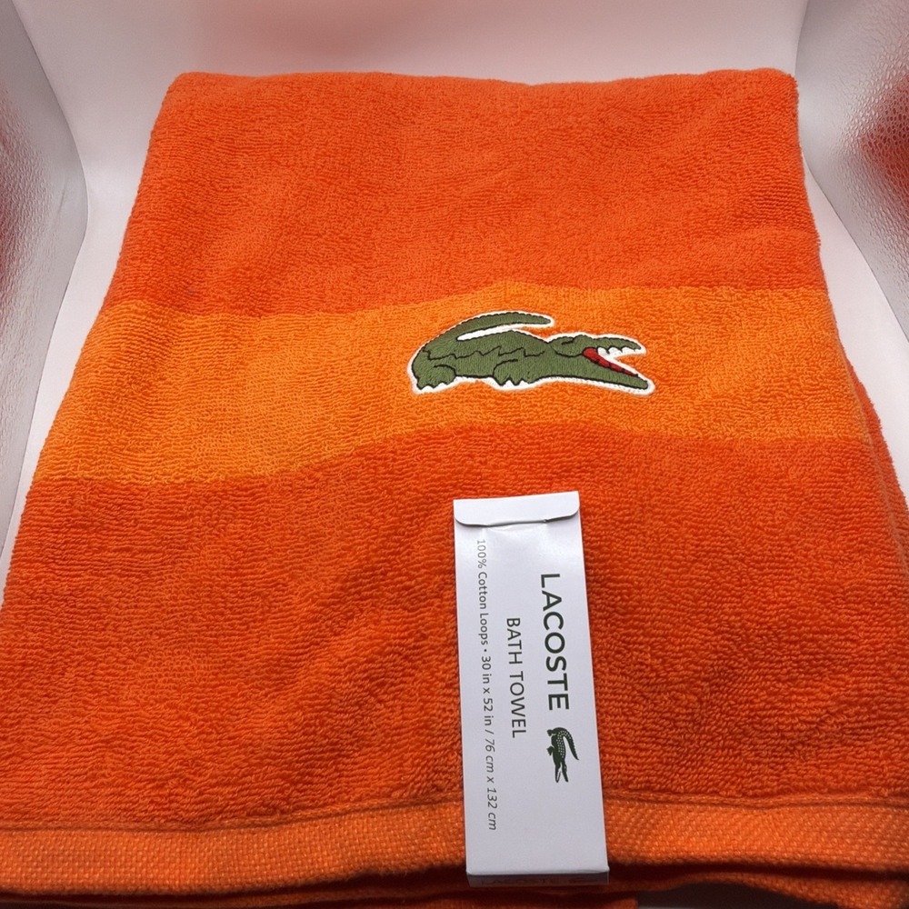 Lacoste Bath Towel 100% Cotton 30" x 52" Big Crocodile Logo, Orange, New